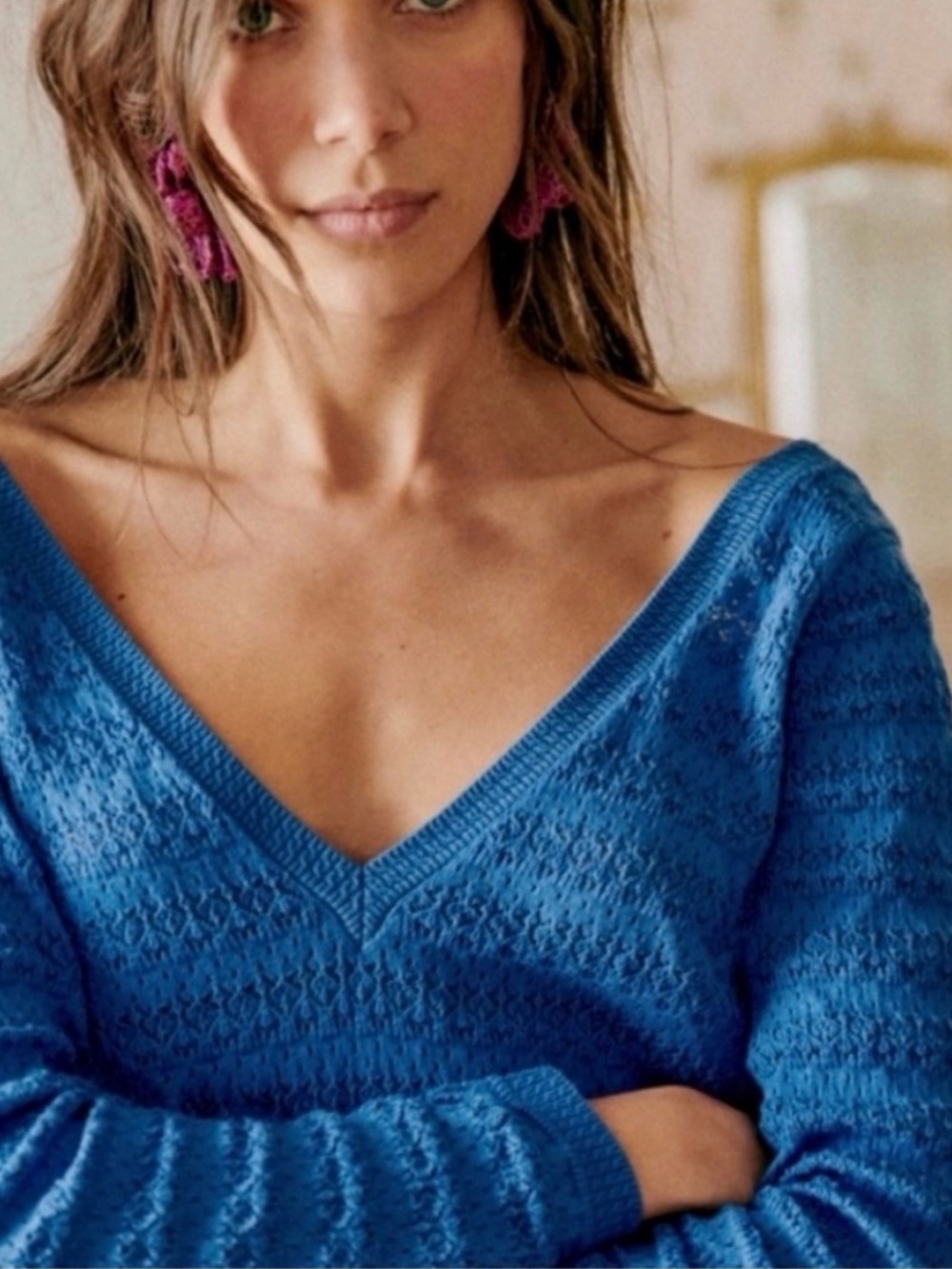 Sezane Deep Blue V-Neck Knit Sweater